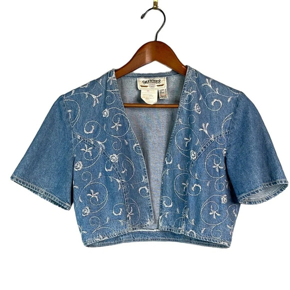 Y2K 90s Vintage Sketches Embroidered Denim Jacket Bolero Crop Blue Light Wash 4 - Picture 2 of 8